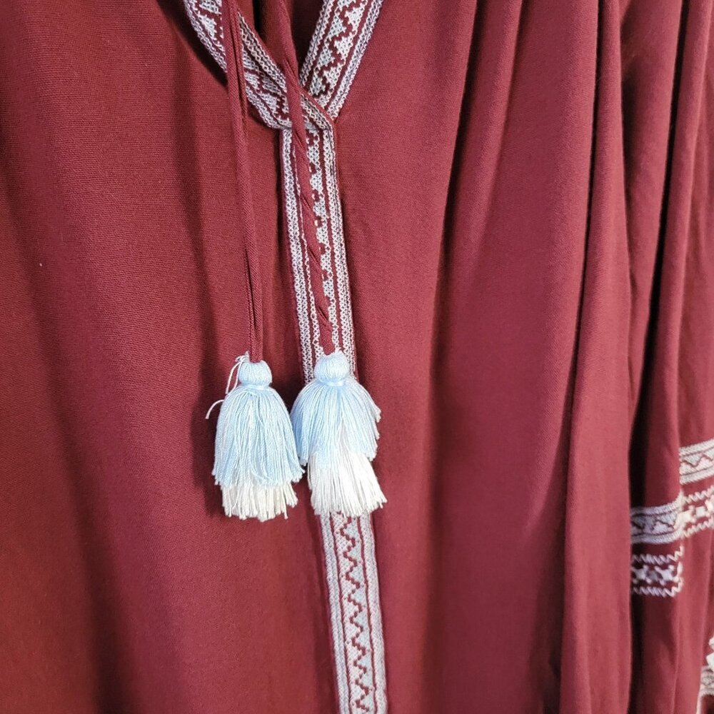 Blue Rain Top Peasant BOHO Tied Med. tassel Embroidered tunic cottage retro Rayo - Picture 3 of 13